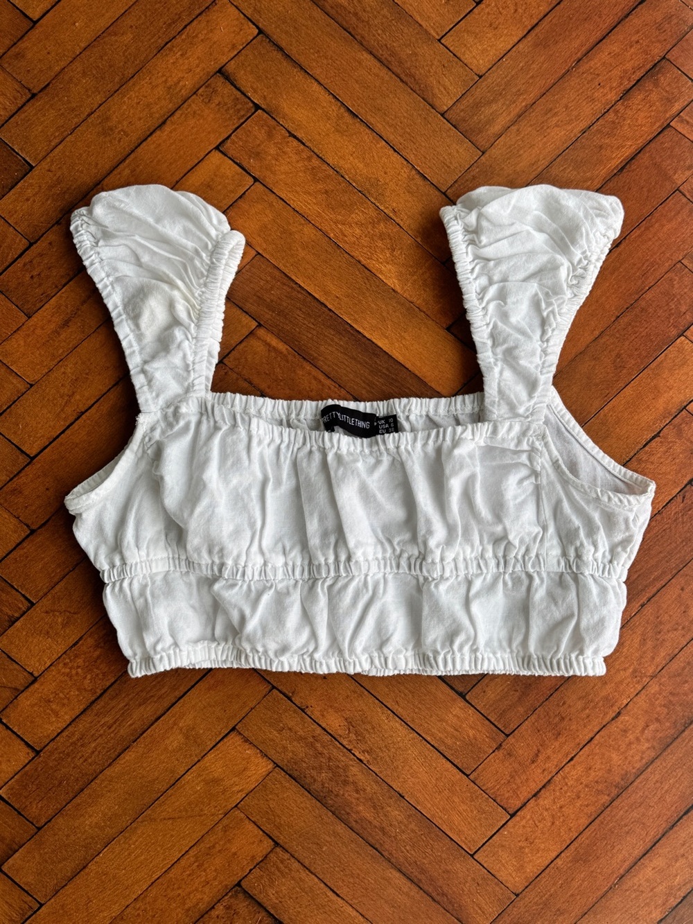 Sz 6 Pretty Little Thing Cotton Linen Blend White Smocked Milkmaid Crop Top EUC